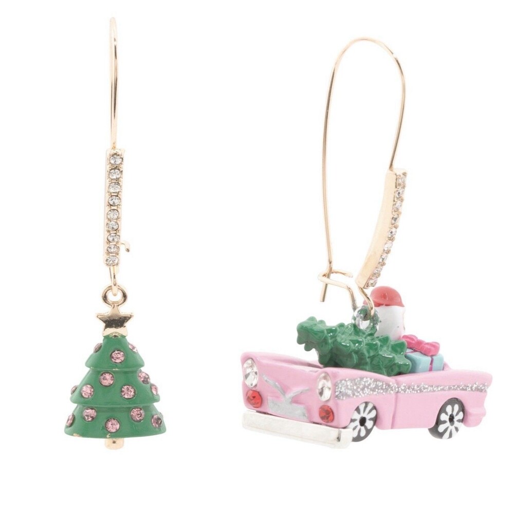 Betsey Johnson Jingle Bell Bling Tree & Santa Car Mismatch Drop Earrings NWT